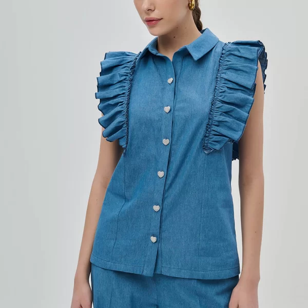 DEJAVU Denim πουκάμισο με βολάν και στρασένια κουμπιά καρδιές