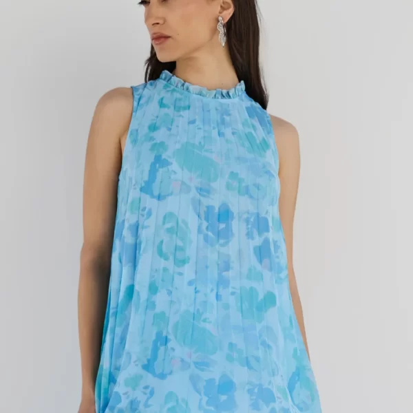 DESIREE Φλοράλ αμάνικη πλισέ μπλούζα με δέσιμο στο λαιμό και βολάν