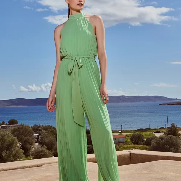 DESIREE Πλισέ ολόσωμη φόρμα με ζώνη και halter λαιμόκοψη γαλάζιο