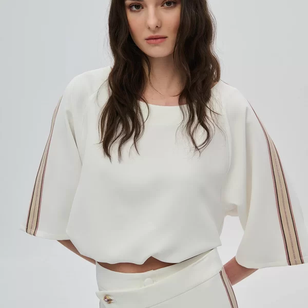 DEJAVU Μπλούζα με 3/4 μανίκι, δέσιμο στη μέση και ρίγα με στρας