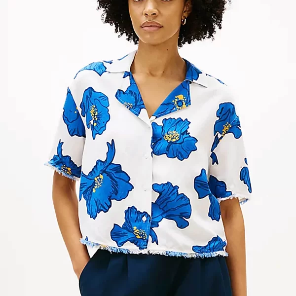 Tommy Hilfiger γυναικείο πουκάμισο με κεντημένο floral σχέδιο Relaxed Fit - WW0WW48924 Λευκό - Μπλε