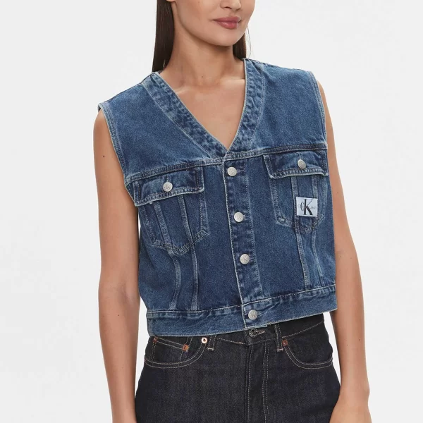 Calvin Klein γυναικείο αμάνικο denim jacket με λογότυπο Regular Fit - J20J222471 Denim Blue