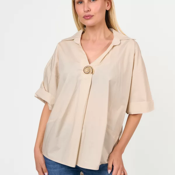 ΜΠΛΟΥΖΑ ΚΟΝΤΟΜΑΝΙΚΗ ΜΕ ΧΡΥΣΗ ΚΑΡΦΙΤΣΑ Μπεζ