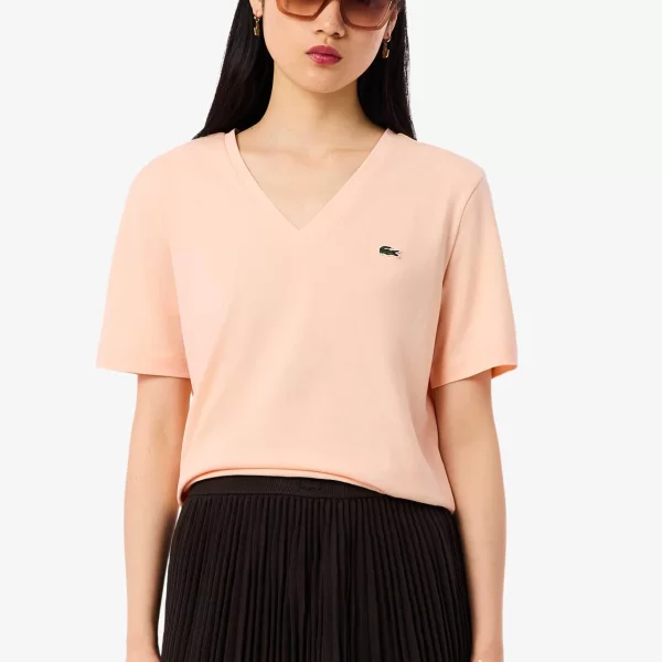 Lacoste γυναικείο T-shirt με κεντημένο λογότυπο και V λαιμόκοψη Relaxed Fit - TF7300 Σομόν