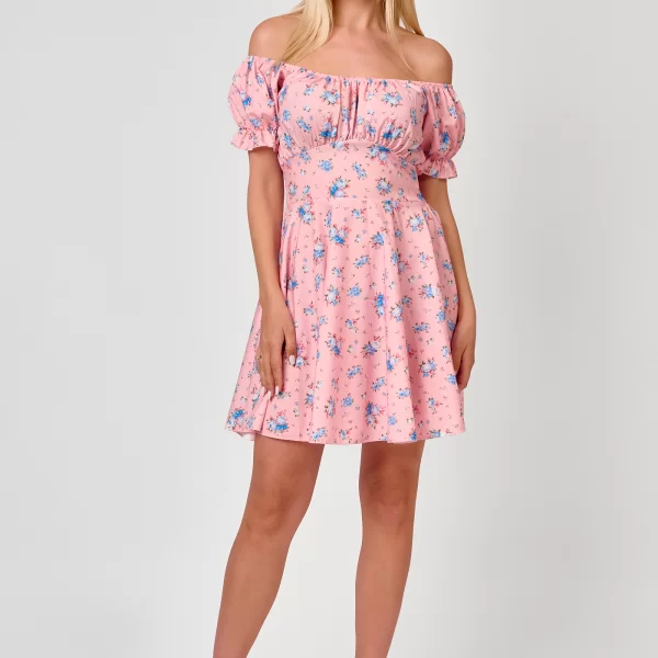 ECSTASY ΦΛΟΡΑΛ MINI ΦΟΡΕΜΑ OFF SHOULDER Ροζ